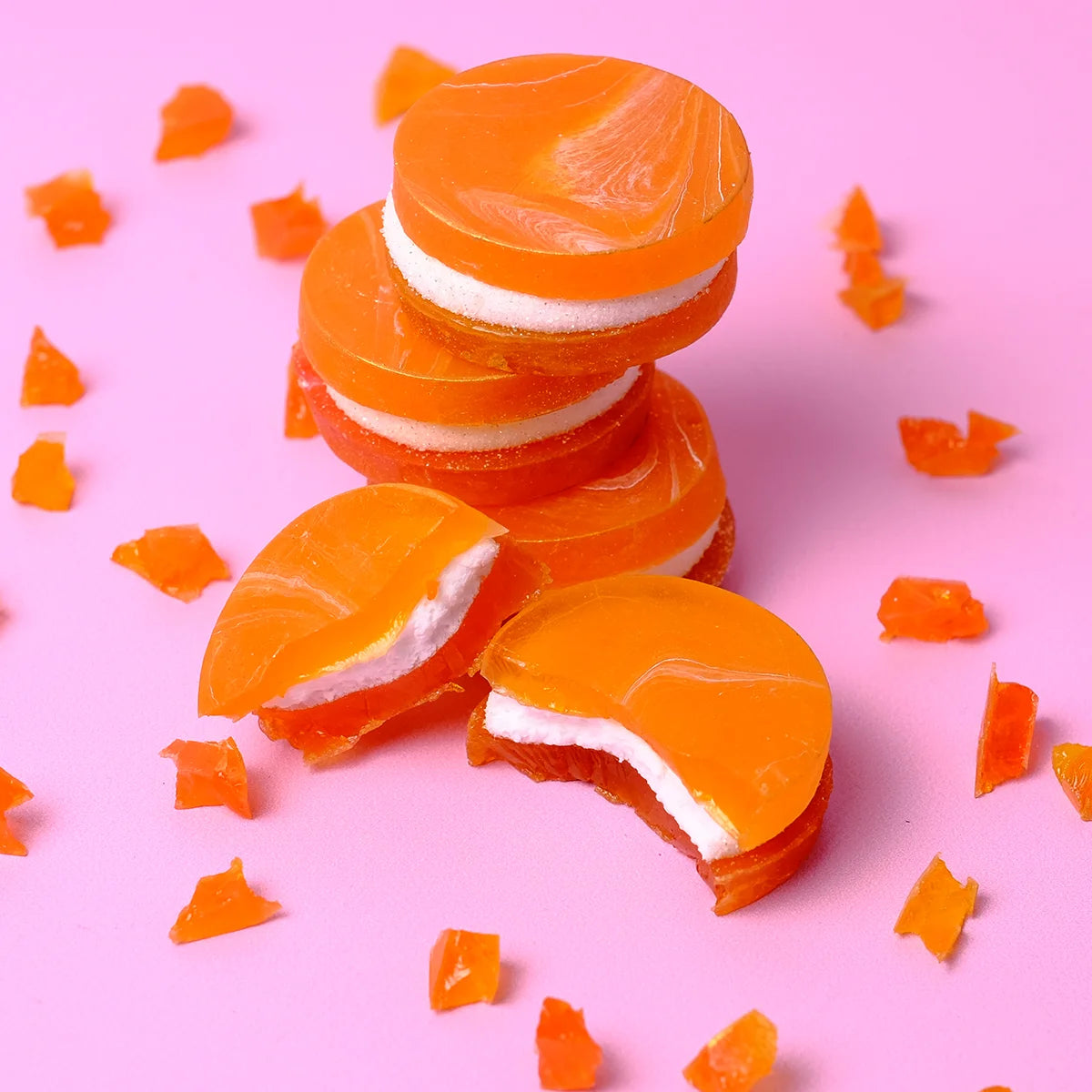 Orange OG Vanilla Crystal Candy – citrus candy shell with creamy vanilla marshmallow and gooey center.