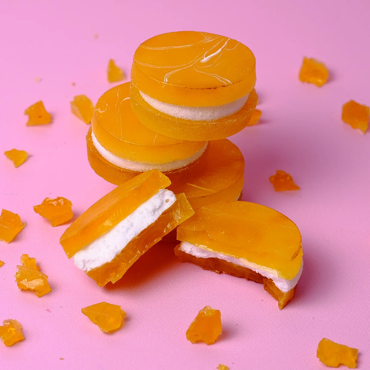 Pineapple Peach Cream Crystal Candy – tropical candy shell with creamy peach marshmallow center