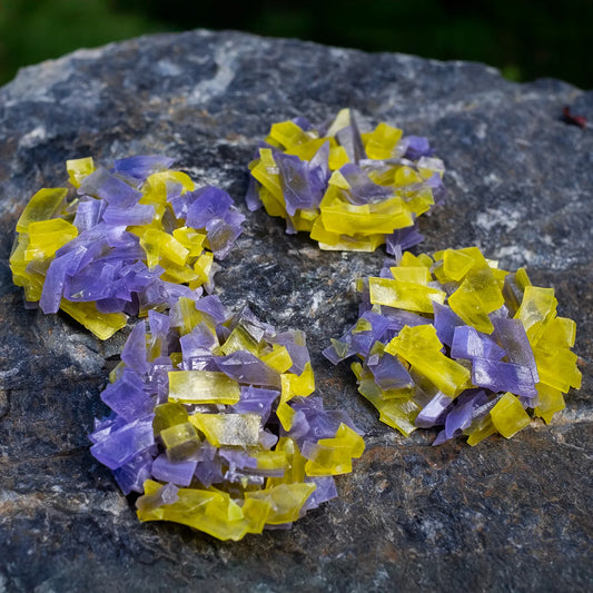 Purple and yellow thin-slice crystal candy clusters (pineapple + blueberry) clustered on dark rock; glossy shards with crunchy snap.