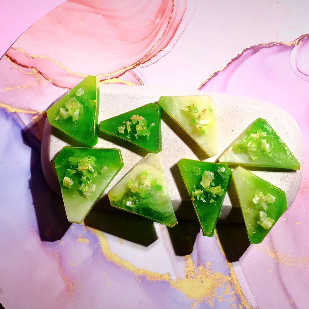 Top-angle Lime Cream kohakutou, green shards with creamy highlights.