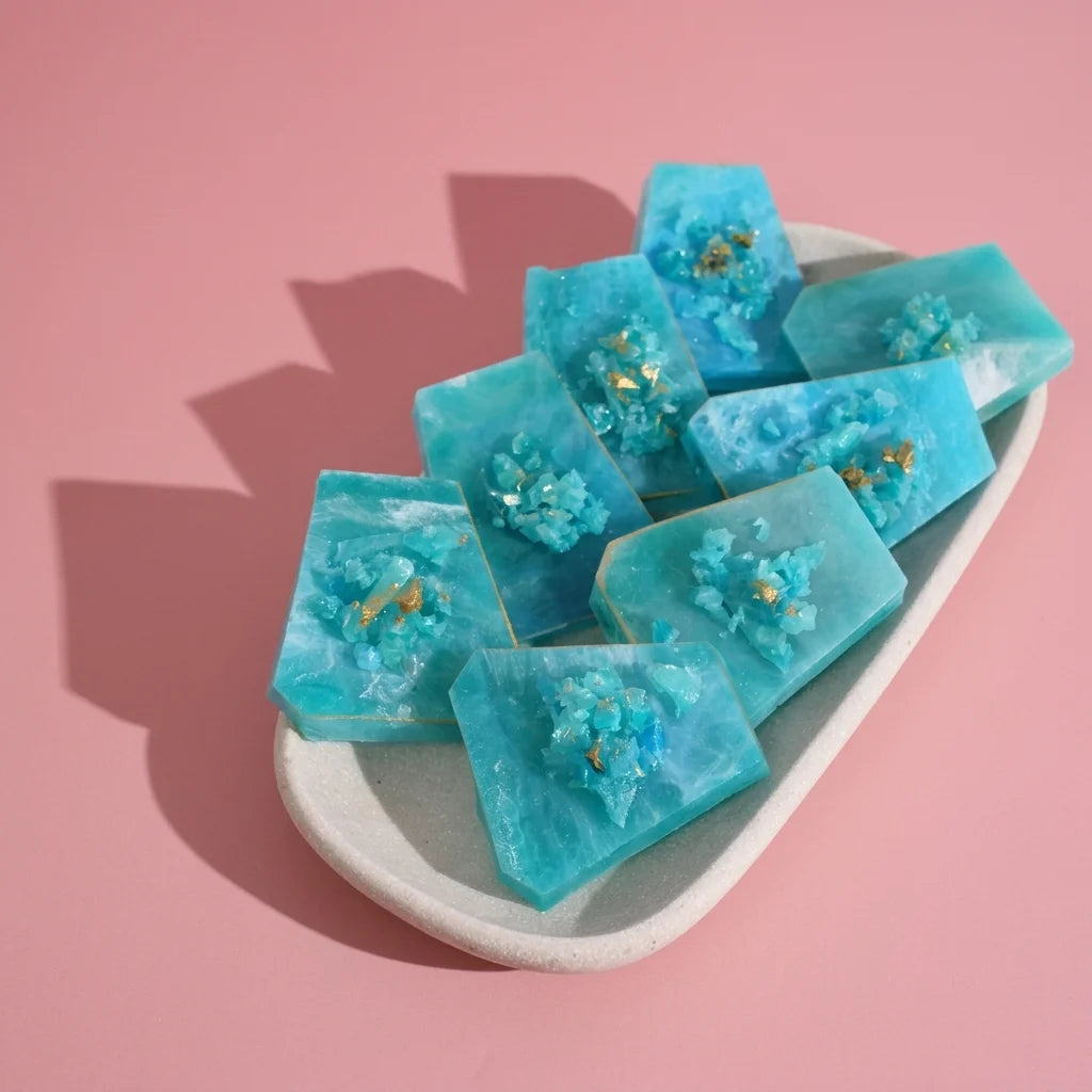 blue raspberry crystal candy on the tray