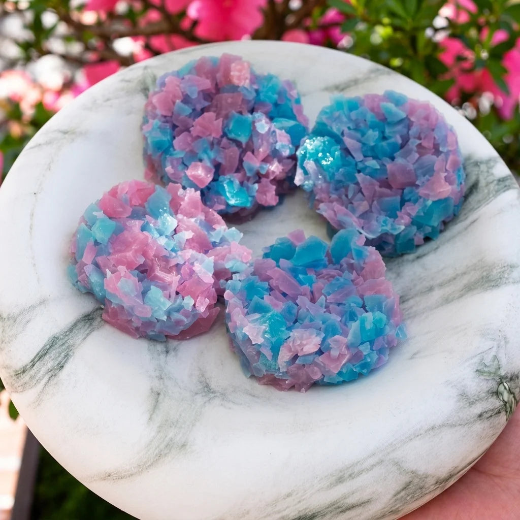 Crystal clusters with bubble bum and blu raspberry in blue and pink