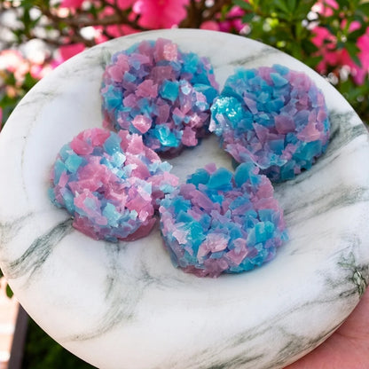 Crystal clusters with bubble bum and blu raspberry in blue and pink