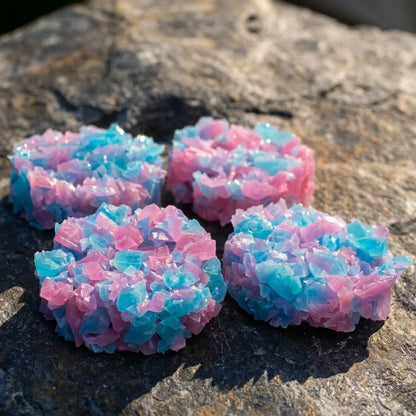 Crystal candy clusters in a pink and blue crystalline or glittery surface, arranged on a rough gray rock outdoors.