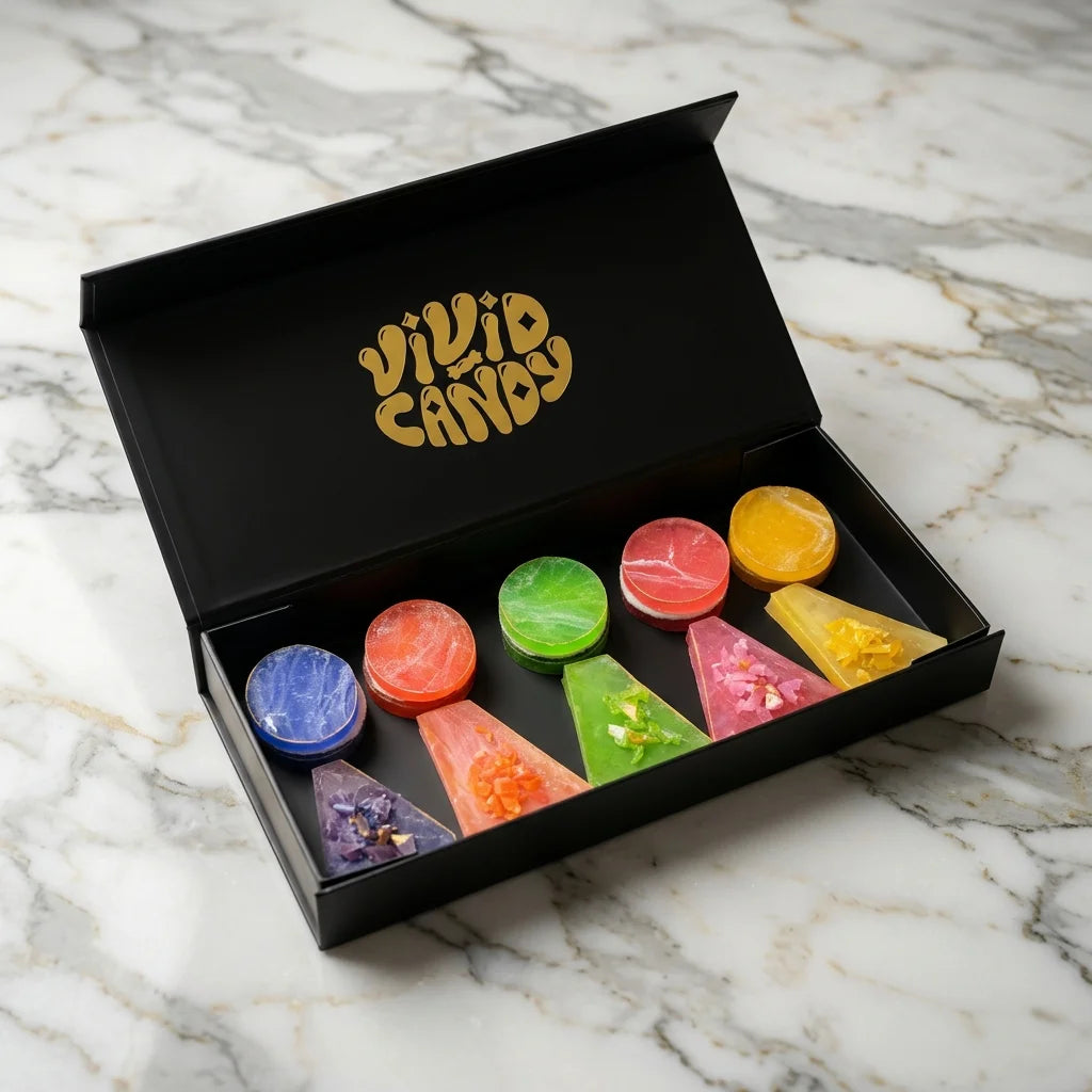 Crunch & Gooey Duo crystal candy selection with marshmallow pieces inside

