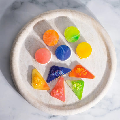 Overhead of round Japanese Crystal Candy Rounds with marshmallow & Japanese crystal candy.  ASMR ready crunch.