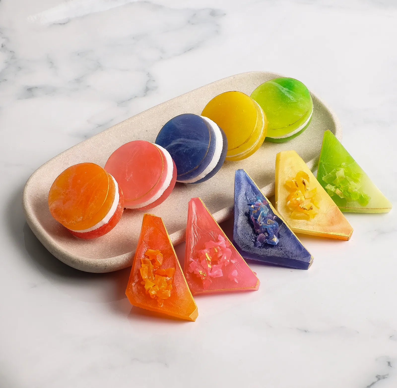 Long stone platter filled with Japanese Crystal Candy Rounds with marshmallow & Japanese crystal candy.  ASMR ready crunch.