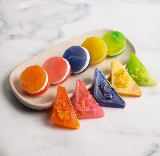 Long stone platter filled with Japanese Crystal Candy Rounds with marshmallow & Japanese crystal candy.  ASMR ready crunch.