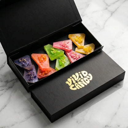 Colourful crystal candy variety selection arranged inside the gift box
