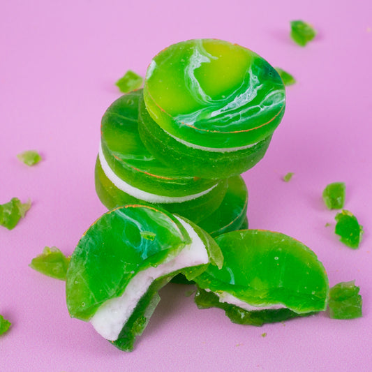 Lime Toasted Coconut Crystal Candy – zesty lime shell with toasted coconut marshmallow and chewy gooey center
