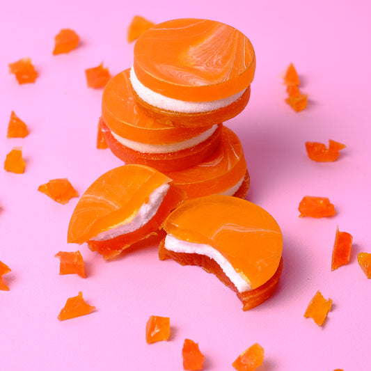 Orange OG Vanilla Crystal Candy – citrus candy shell with creamy vanilla marshmallow and gooey center.