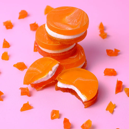 Orange OG Vanilla Crystal Candy – citrus candy shell with creamy vanilla marshmallow and gooey center.