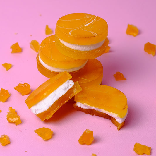Pineapple Peach Cream Crystal Candy – tropical candy shell with creamy peach marshmallow center