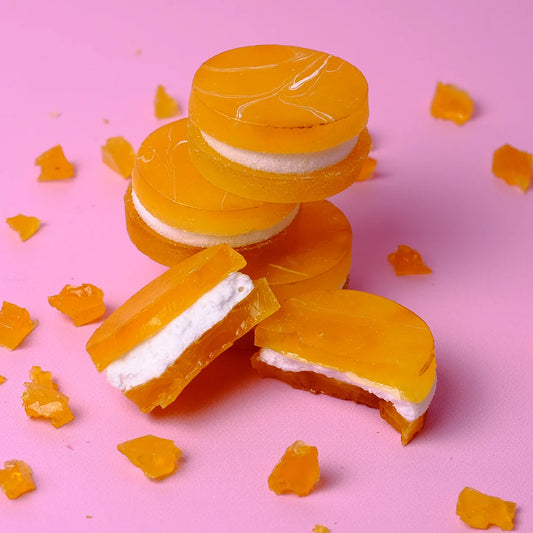 Pineapple Peach Cream Crystal Candy – tropical candy shell with creamy peach marshmallow center