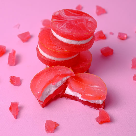 Strawberry Choc Mint Crystal Candy – ruby-red shell with gooey choc mint marshmallow center