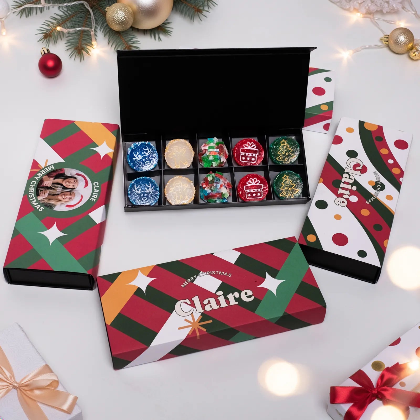 Decorative candy box with personalized name on a festive background