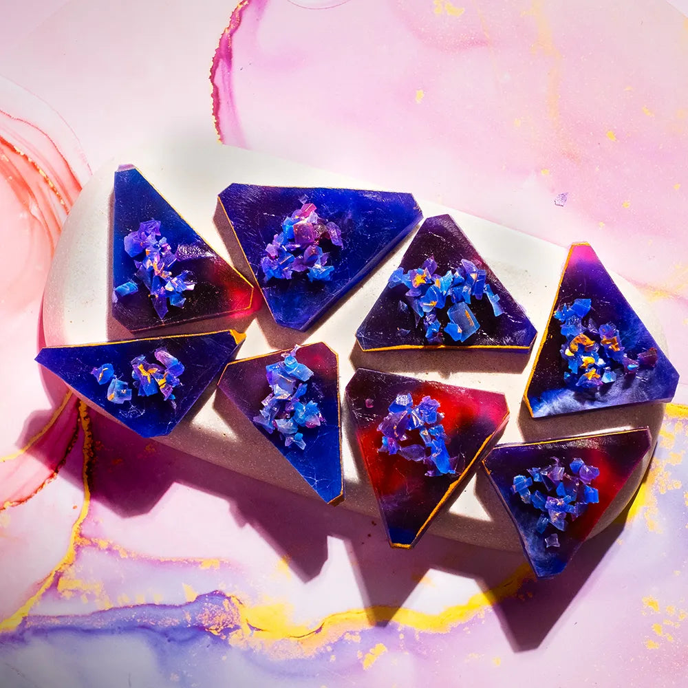 Top-angle Berry Duo kohakutou, mixed red and blue crystal shards.