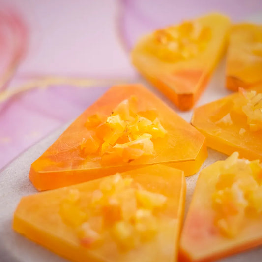 Close-up Honey Peach kohakutou showing crisp shell and soft jelly centre.