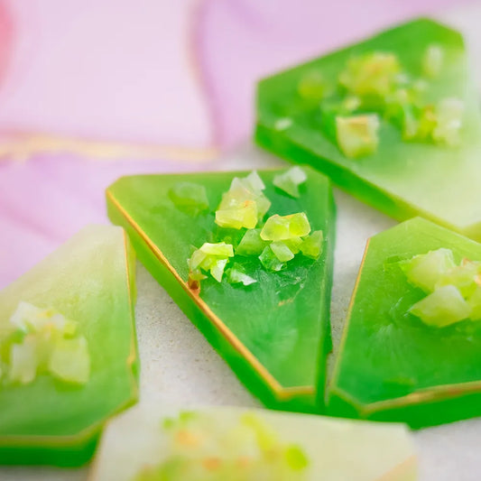 Close-up Lime Cream kohakutou, crisp shell with soft vanilla-scented centre.