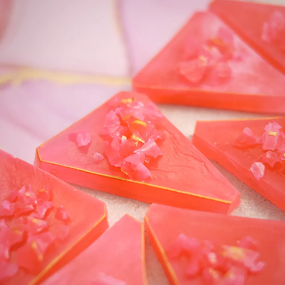 Close-up Tropical Punch kohakutou, crunchy shell and jelly centre detail.